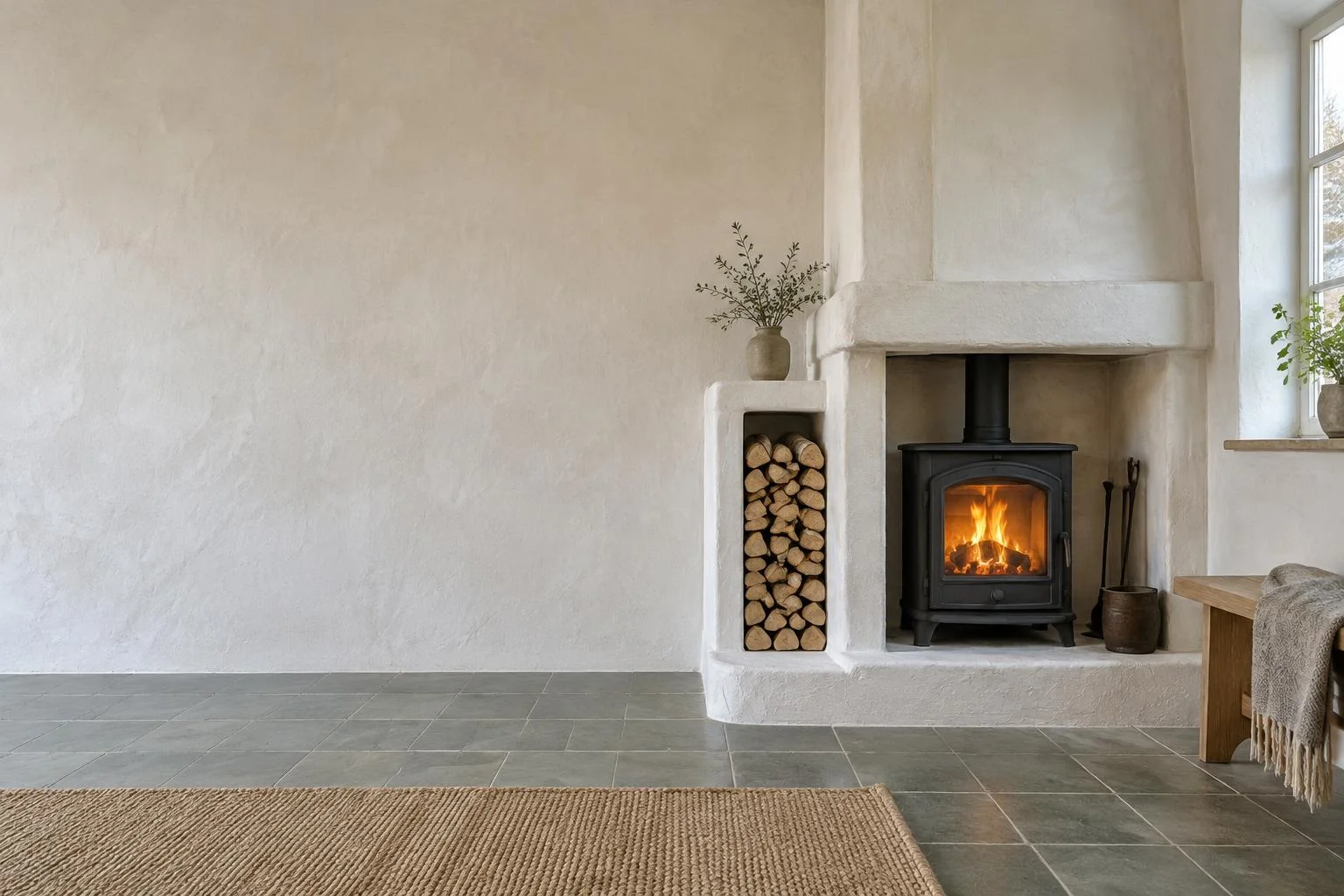 Kalkputsad eldstad med kamin